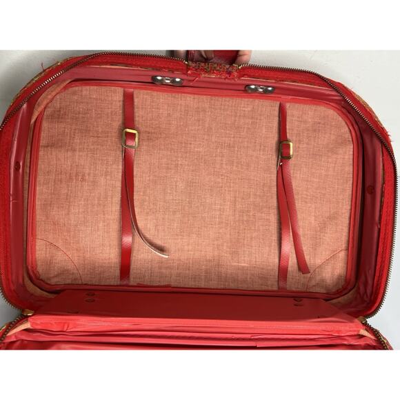Vintage Suitcase Plaid Made in Japan Red Vinyl Pockets Zipper Retro Travel - Picture 12 of 16